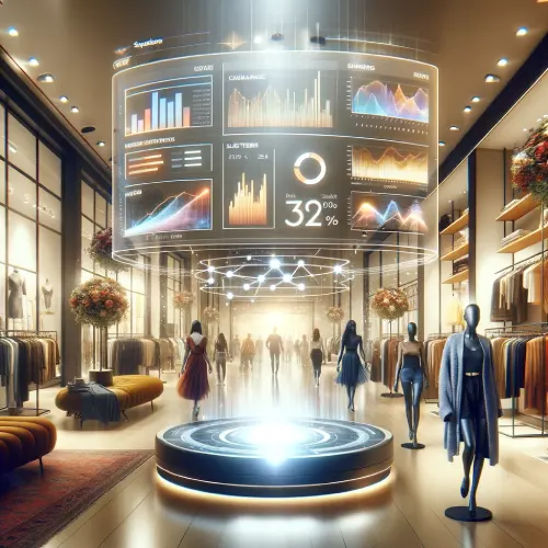 Squarespace E-Commerce Features for Fashion Retailers - Retail store interior with large overhead analytics digital displays.