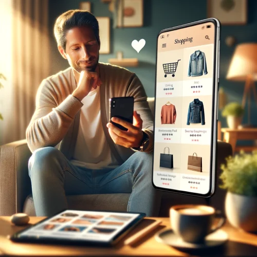 Best Squarespace E-Commerce Features for Small Businesses - Man looking at phone with an online shopping interface.