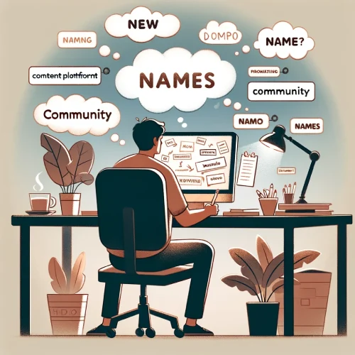 Content Platforms and Communities Name Generators - Man at desk surrounded by speech bubbles