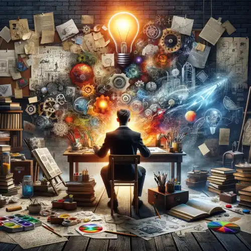 Creative and Artistic Venture Name Generators - Man at desk with creative ideas exploding from light bulb.