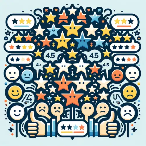 Customer Reviews of Squarespace E-Commerce Features - Ratings symbols, stars, thumbs up, and smiley faces.