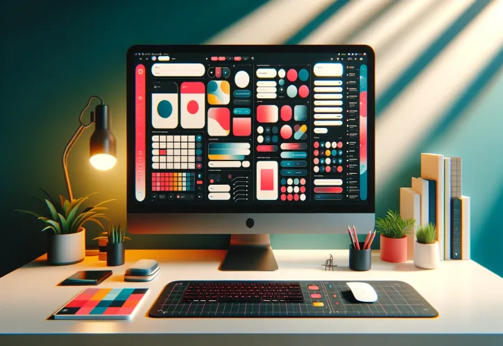 How to Design Squarespace Templates - Colorful workspace with Squarespace template design on monitor.