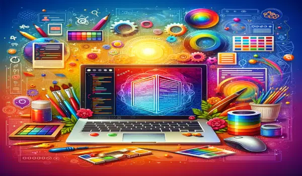 Build a Great Website - Cartoon of a colorful website design concept with laptop and icons