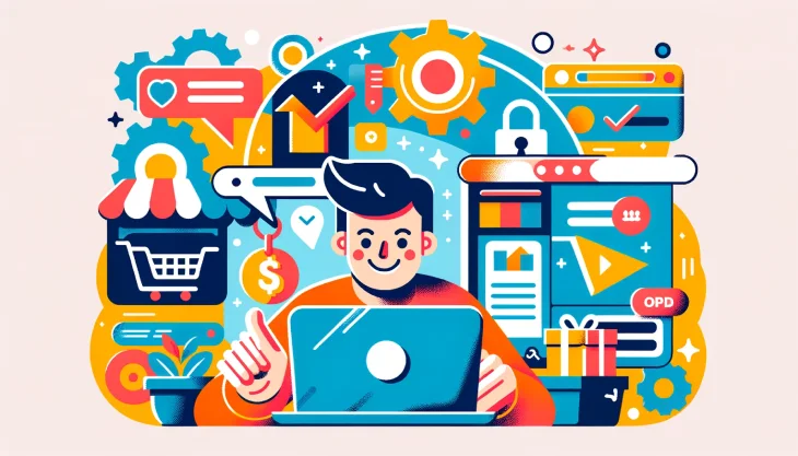 Squarespace Stores: Key Elements to Success - Cartoon of a businessman facing his laptop