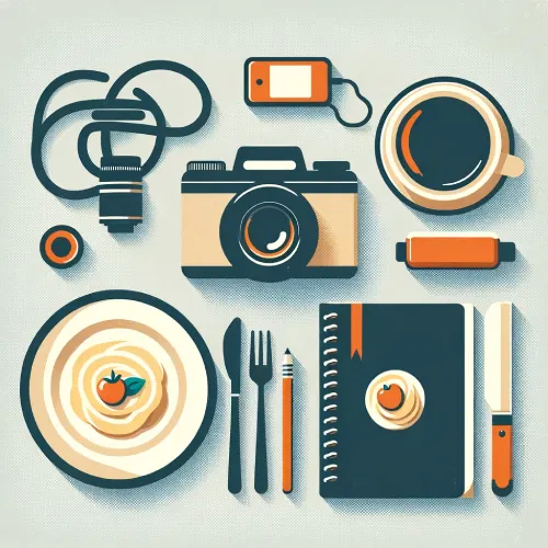Squarespace Templates For Blogging -  a camera, coffee cup, notebook, utensils, and a plate with a stylized food item