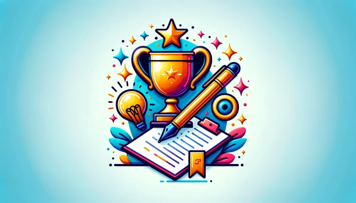 Squarespace Good for SEO - cartoon of  a trophy, pencil, lightbulb , paper and stars.