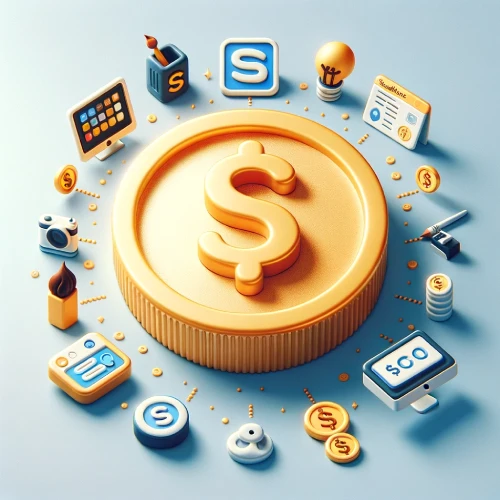 Squarespace Cost - A large gold coin is at the center, surrounded by a camera, monitor, bulb, pen, and another coin.