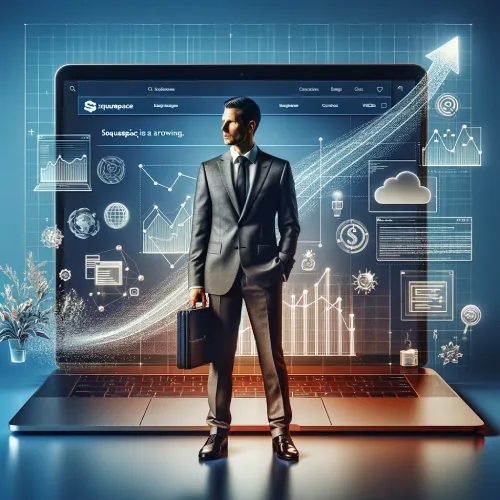 Squarespace Cost -  businessman standing in front of a laptop screen with graphs on either side and an arrow pointing upward.