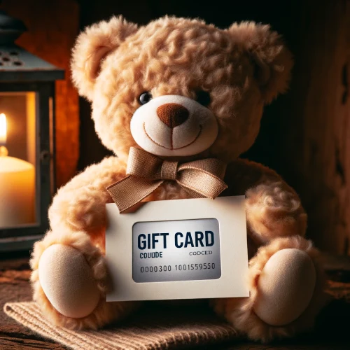 Physical/Plastic Gift Cards on Squarespace -  Teddy bear holding a gift card