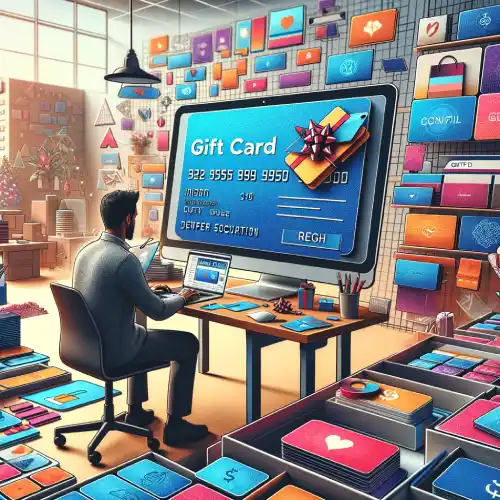 Physical/Plastic Gift Cards on Squarespace - Man at desk with gift card on screen