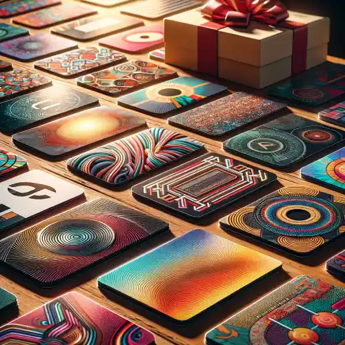 Physical/Plastic Gift Cards on Squarespace -  Various patterned gift cards on wooden surface