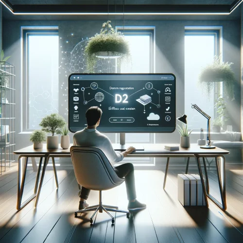 Register a Domain With Squarespace - A man is shown in a modern office with a domain registration displayed on the screen.