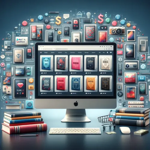 Squarespace E-Commerce Features for Digital Products - Monitor surrounded by icons and books, showcasing ebooks.