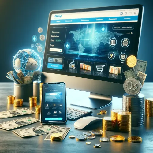 E-Commerce and Monetization Pillar - Computer, smartphone, coins, banknotes, graphs.