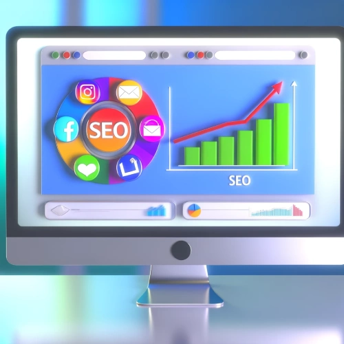 E-Commerce and Monetization Pillar - Computer screen with SEO graphs, social media icons.