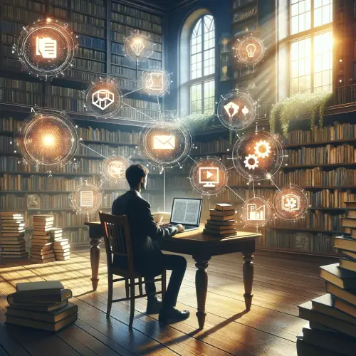 Maximizing Squarespace SEO Potential - Man at desk with holographic icons in library
