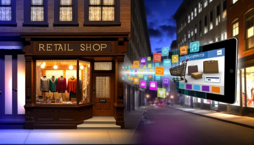 Retail and E-commerce Name Generators - Physical retail shop with digital e-commerce icons