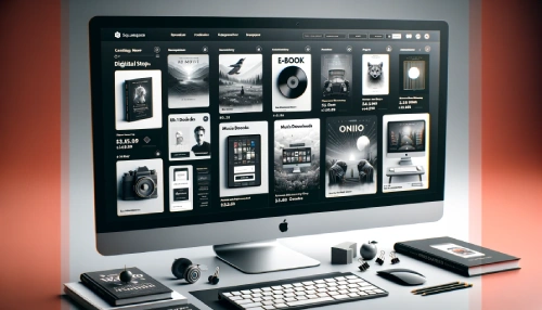 Squarespace E-Commerce Features for Digital Products - Computer screen with various digital goods.