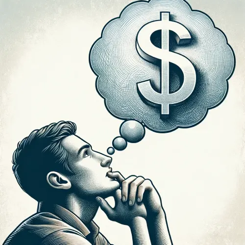 Squarespace E-Commerce Pricing -   Man thinking with a dollar sign bubble.