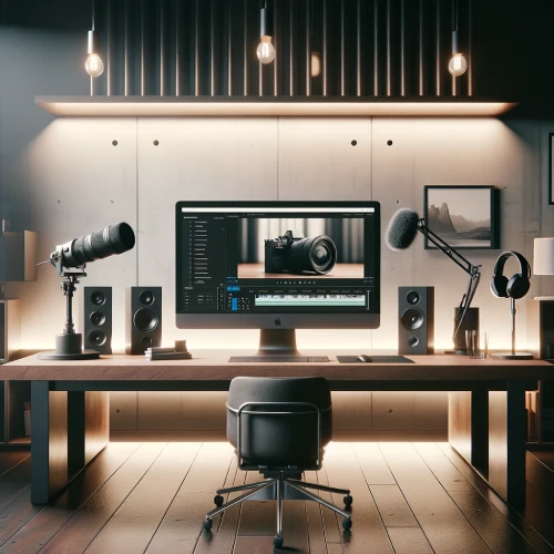 Squarespace Video Studio - a large computer monitor displaying a Squarespace website being edited, and a camera, microphone, and headphones on the desk.