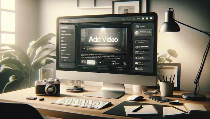Add a Video to Squarespace -  Computer monitor displaying 'Add Video' interface on desk