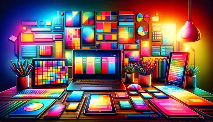 Squarespace Templates for Business and Services - Cartoon of colorful digital devices on desk.