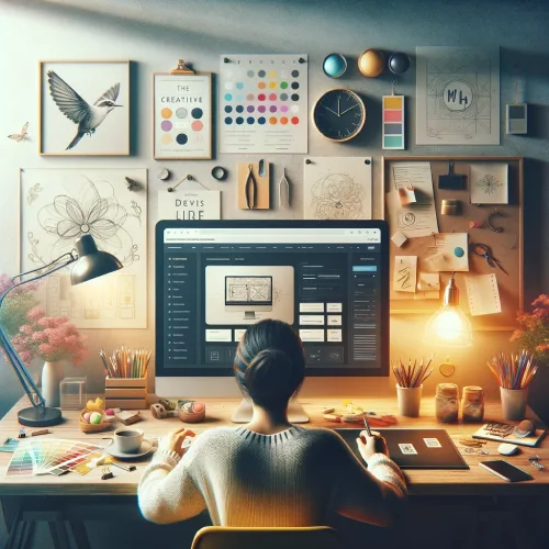 Use Squarespace to Build a Website - Person at desk with computer and creative wall decor.